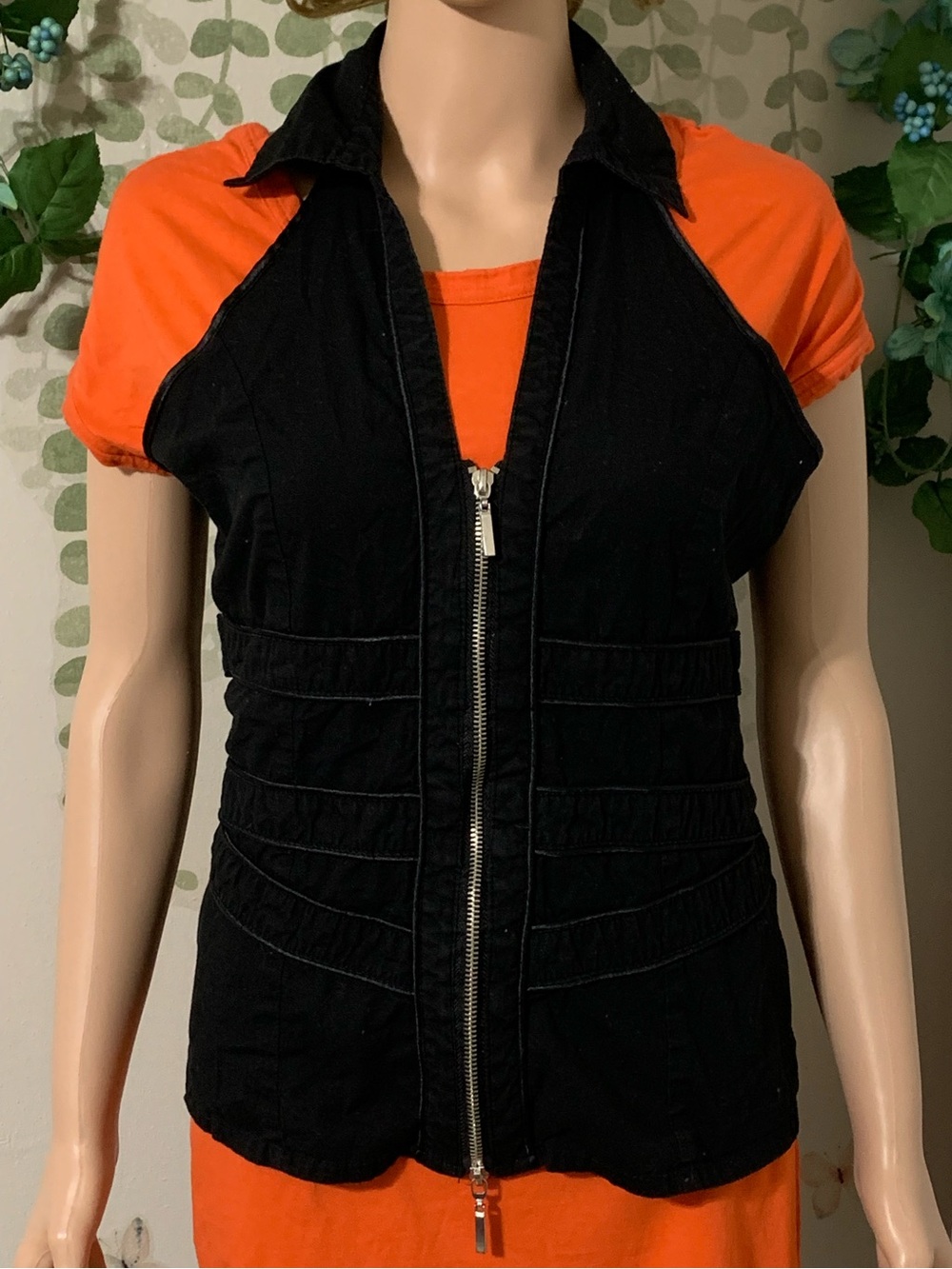 Sz L Black Steampunk Double Zip-Front Sleeveless Vest with Collar